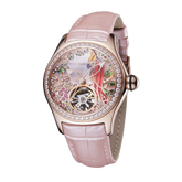 Reef Tiger RGA7015 Elegant Pink Color Ladies' Mechanical Diamond Watch with Tourbillon Style Dial Watch